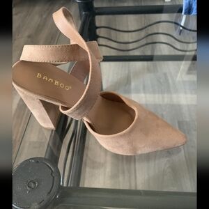 BAMBOO Blush Tan Suede Pointed Toe Block Heel with Ankle Strap